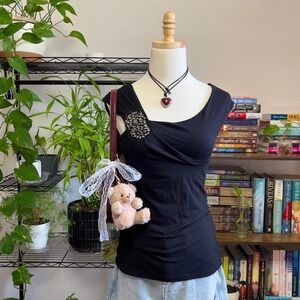 Y2K Espress‎ Black Rhinestone Brooch Cap Sleeve Top Whimsigoth Glam Womens XS